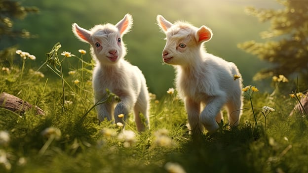 Two baby goats playing in the green field photo