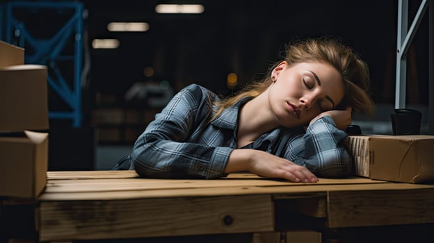 Young woman falls asleep at work photo