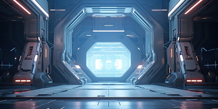 AI Generated. AI Generative. Futuristic space ship galaxy alien door gate entrance sci fi concept neon indoor architecture. Graphic Art photo
