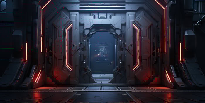 AI Generated. AI Generative. Futuristic space ship galaxy alien door gate entrance sci fi concept neon indoor architecture. Graphic Art photo