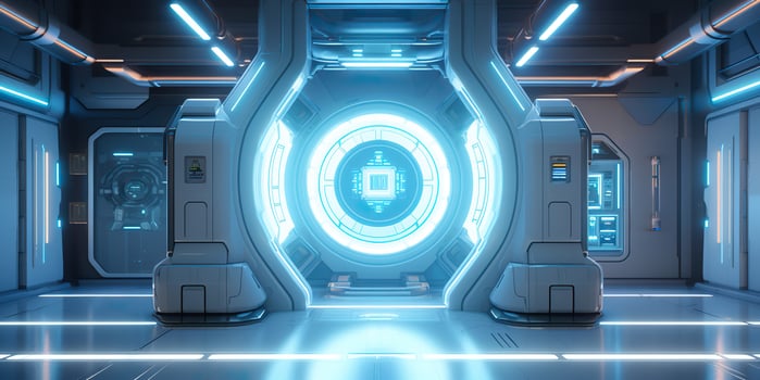 AI Generated. AI Generative. Futuristic space ship galaxy alien door gate entrance sci fi concept neon indoor architecture. Graphic Art photo