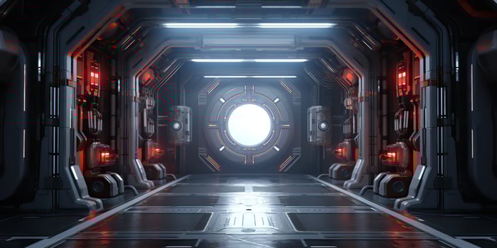 AI Generated. AI Generative. Futuristic space ship galaxy alien door gate entrance sci fi concept neon indoor architecture. Graphic Art photo