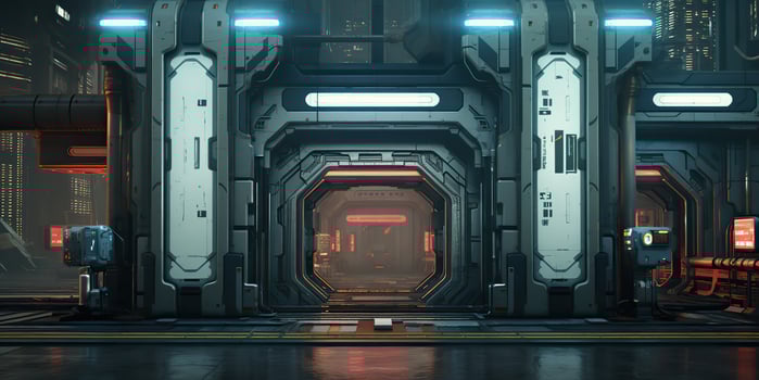 AI Generated. AI Generative. Futuristic space ship galaxy alien door gate entrance sci fi concept neon indoor architecture. Graphic Art photo