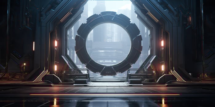 AI Generated. AI Generative. Futuristic space ship galaxy alien door gate entrance sci fi concept neon indoor architecture. Graphic Art photo