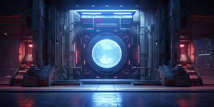 AI Generated. AI Generative. Futuristic space ship galaxy alien door gate entrance sci fi concept neon indoor architecture. Graphic Art photo