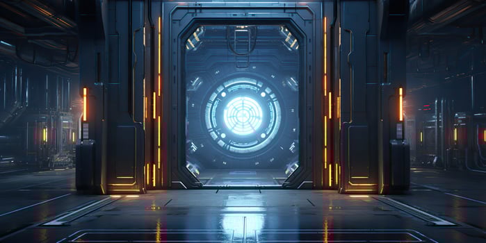 AI Generated. AI Generative. Futuristic space ship galaxy alien door gate entrance sci fi concept neon indoor architecture. Graphic Art photo