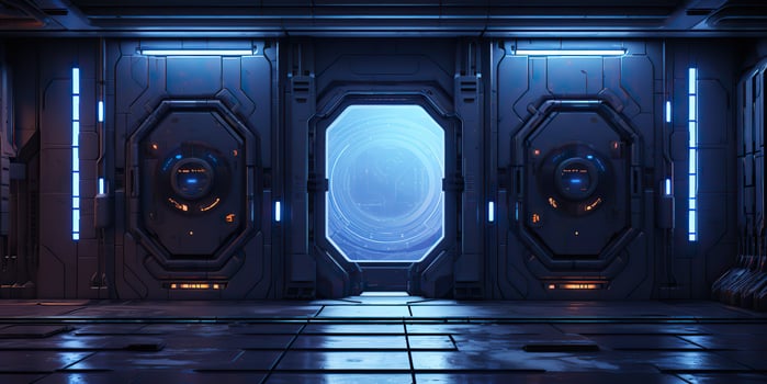 AI Generated. AI Generative. Futuristic space ship galaxy alien door gate entrance sci fi concept neon indoor architecture. Graphic Art photo