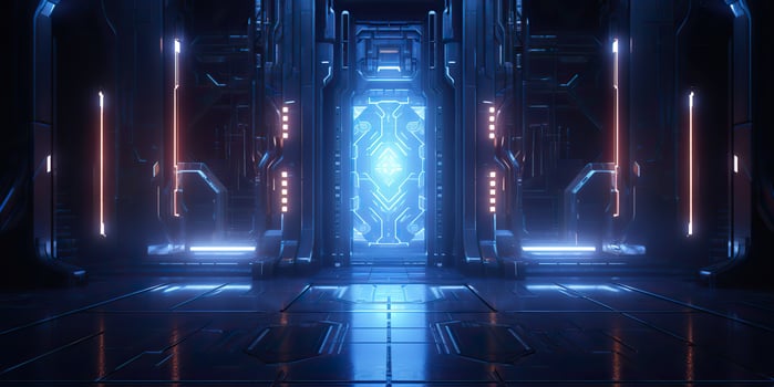 AI Generated. AI Generative. Futuristic space ship galaxy alien door gate entrance sci fi concept neon indoor architecture. Graphic Art photo