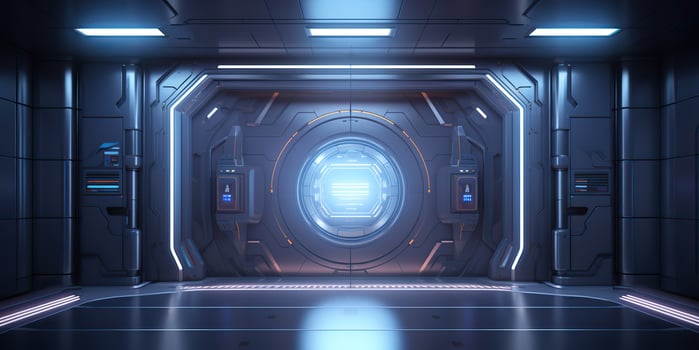 AI Generated. AI Generative. Futuristic space ship galaxy alien door gate entrance sci fi concept neon indoor architecture. Graphic Art photo