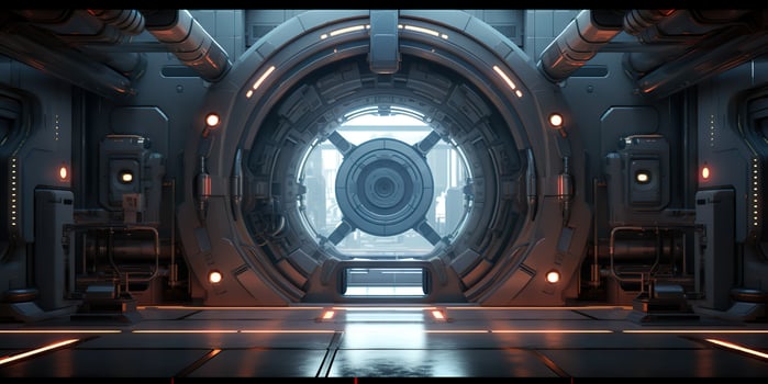 AI Generated. AI Generative. Futuristic space ship galaxy alien door gate entrance sci fi concept neon indoor architecture. Graphic Art photo