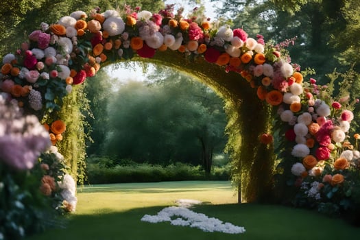 a wedding arch made of flowers in the grass. AI-Generated photo