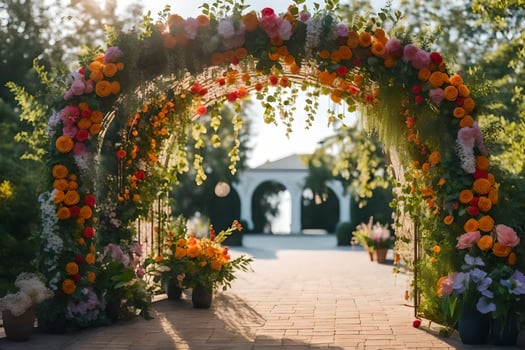an archway with flowers and greenery. AI-Generated photo
