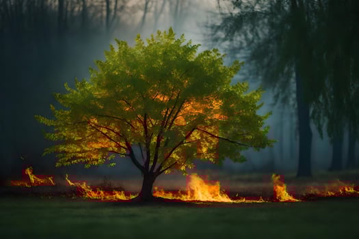 a tree is burning in the middle of a field. AI-Generated photo