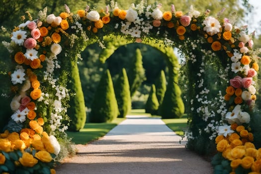 a wedding arch decorated with flowers. AI-Generated photo