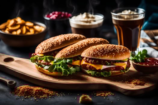 two hamburgers and fries on a wooden cutting board. AI-Generated photo
