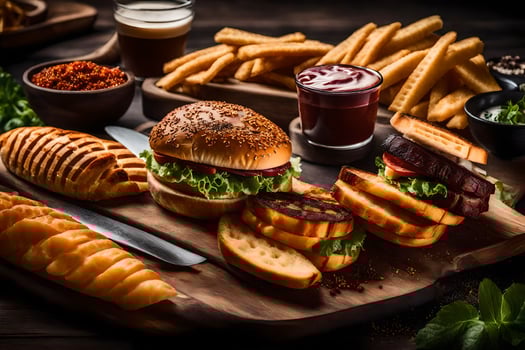 a variety of food on a wooden cutting board. AI-Generated photo