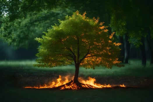 a tree with flames coming out of it in the middle of a forest. AI-Generated photo