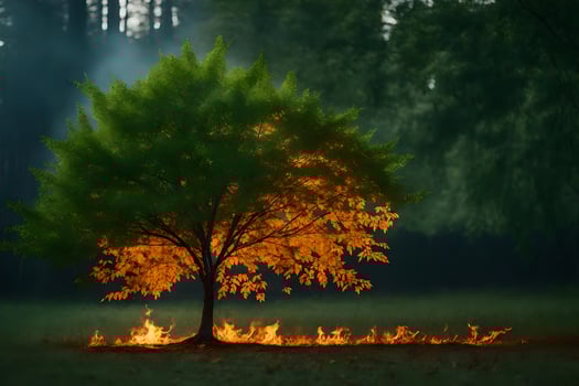a tree is burning in the middle of a field. AI-Generated photo