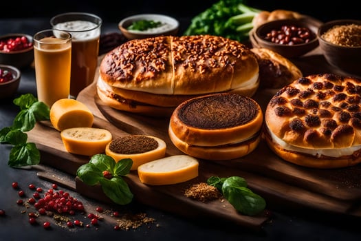 a variety of sandwiches and other foods on a cutting board. AI-Generated photo