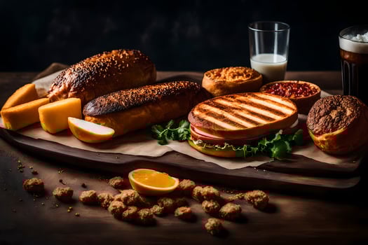 a wooden cutting board with sandwiches, bread and milk. AI-Generated photo