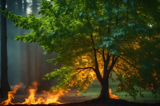 a tree is burning in the forest. AI-Generated photo