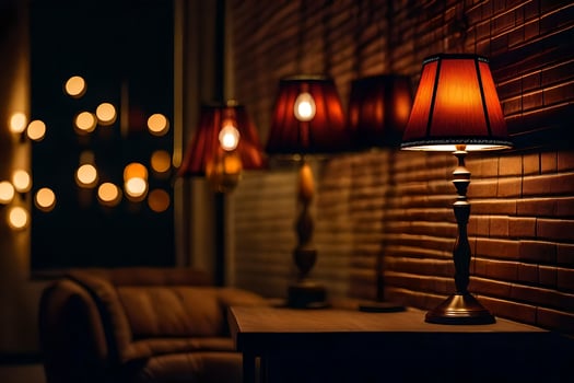 a lamp is sitting on a table in front of a brick wall. AI-Generated photo