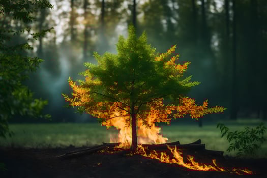 a tree is burning in the middle of a forest. AI-Generated photo