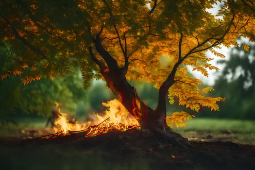 a tree with flames and leaves in the background. AI-Generated photo