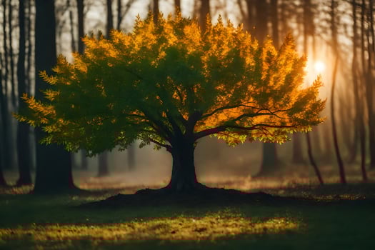a tree in the middle of a forest at sunrise. AI-Generated photo