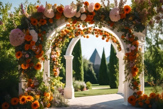 an archway with orange flowers and green grass. AI-Generated photo