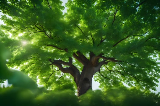 the sun shines through the leaves of a tree. AI-Generated photo
