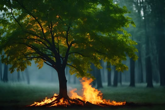 a tree with flames coming out of it in the middle of a forest. AI-Generated photo