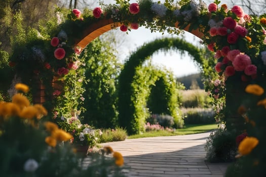 an archway with flowers and greenery. AI-Generated photo