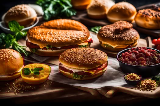 a variety of sandwiches and other foods on a cutting board. AI-Generated photo