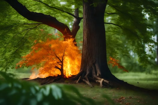a tree is burning in the forest. AI-Generated photo