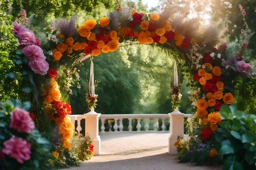 an archway with flowers and greenery. AI-Generated photo