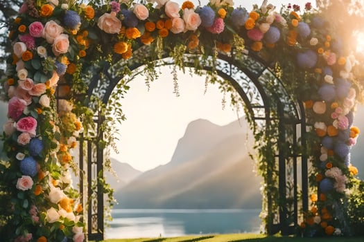 an archway decorated with flowers and a lake in the background. AI-Generated photo