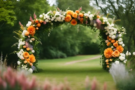 an archway with flowers in the grass. AI-Generated photo