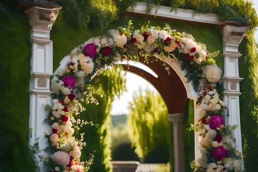 a wedding arch decorated with flowers and greenery. AI-Generated photo