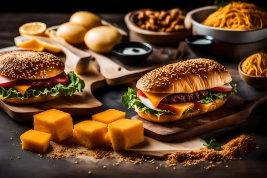 two hamburgers and other food on a cutting board. AI-Generated photo