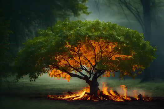 a tree with flames coming out of it in the middle of a forest. AI-Generated photo