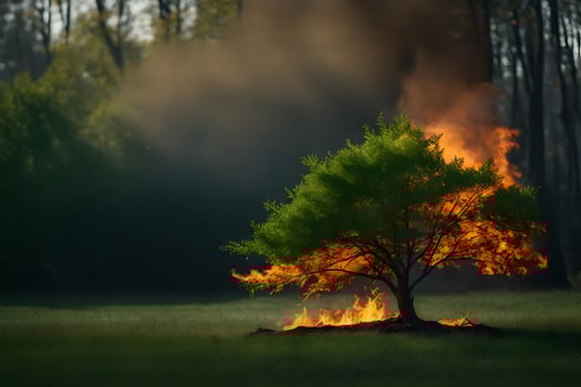 a tree is burning in the middle of a field. AI-Generated photo