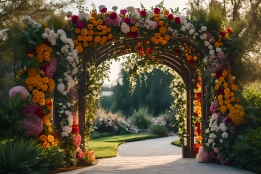 a walkway with flowers and archway. AI-Generated photo