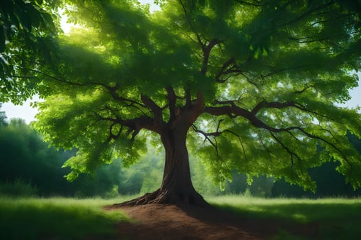 a large tree in the middle of a field. AI-Generated photo