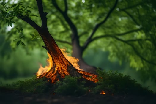 a tree with fire and leaves in the background. AI-Generated photo