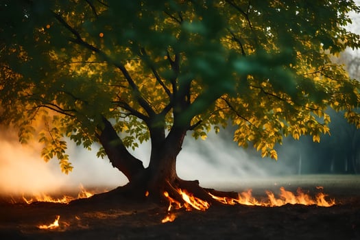 a tree with flames and smoke coming from it. AI-Generated photo