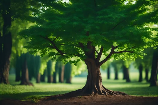 a tree is standing in the middle of a green field. AI-Generated photo