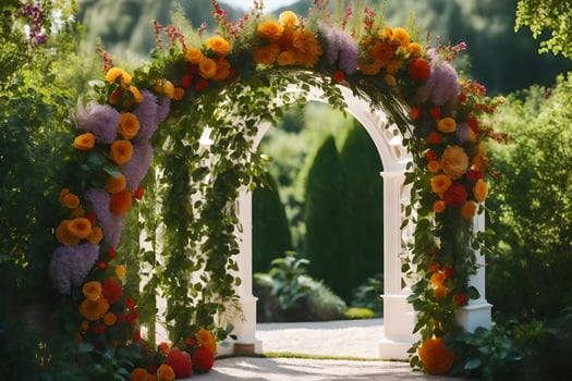 an archway with flowers and greenery. AI-Generated photo