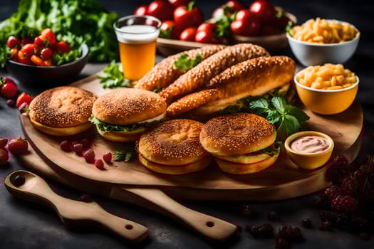 a wooden cutting board with sandwiches and other food. AI-Generated photo