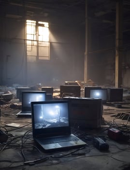 computer and laptop on abandoned construction site illustration photo
